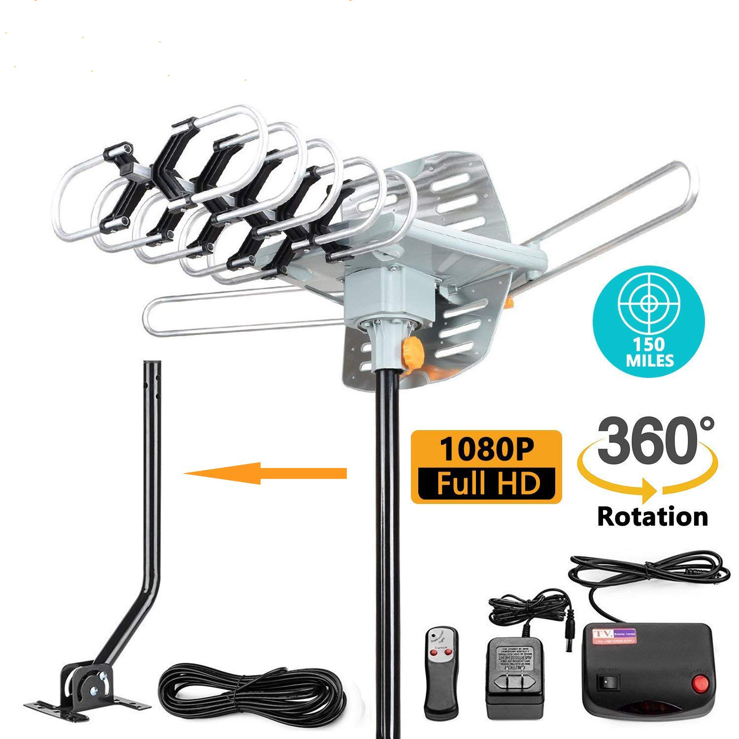 150miles TV Antenna Amplified Outdoor HD 1080P Digital Signal UHF VHF with Pole
